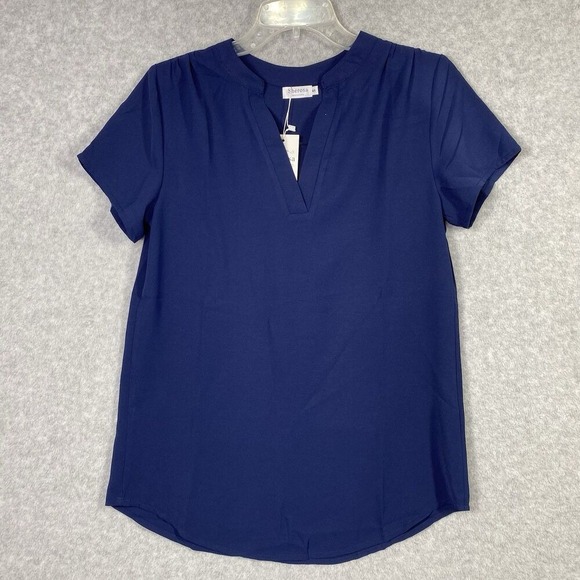 Sherosa Tops - V-Neck Blouse Womens S Navy Blue NEW Short Sleeve Pleated Back Top Sherosa